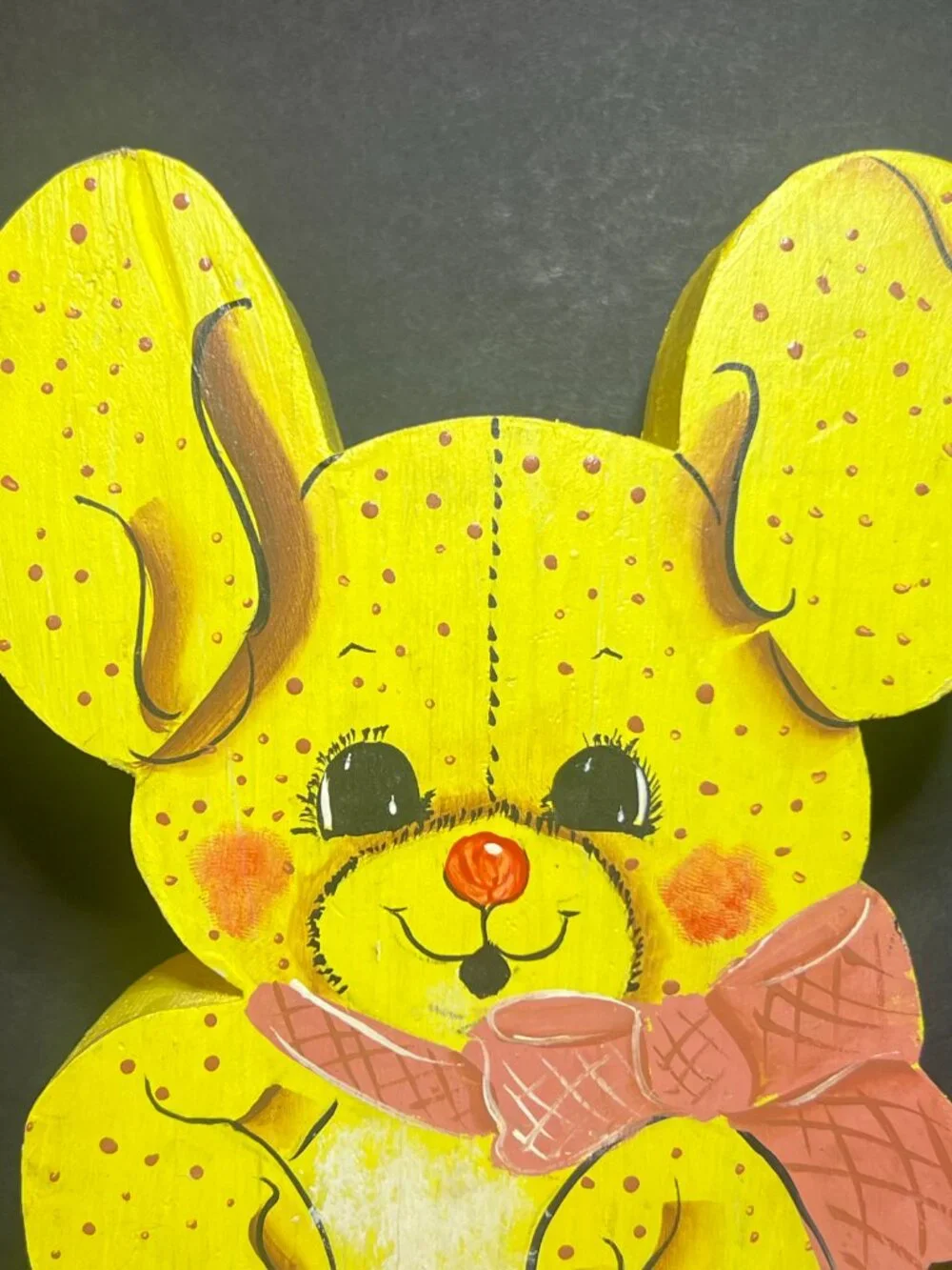 Vintage Cottagecore Wooden Hand Painted Yellow Easter Bunny Rabbit Figure 7.75